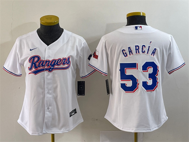 Women's Texas Rangers #53 Adolis García White With Patch Stitched Baseball Jersey(Run Small) Women's Texas Rangers #53 Adolis García White With Patch Stitched Baseball Jersey(Run Small)